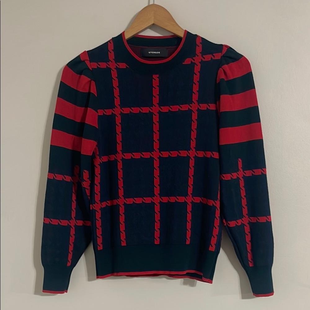 Uterque puff sleeve houndstooth plaid sweater small
